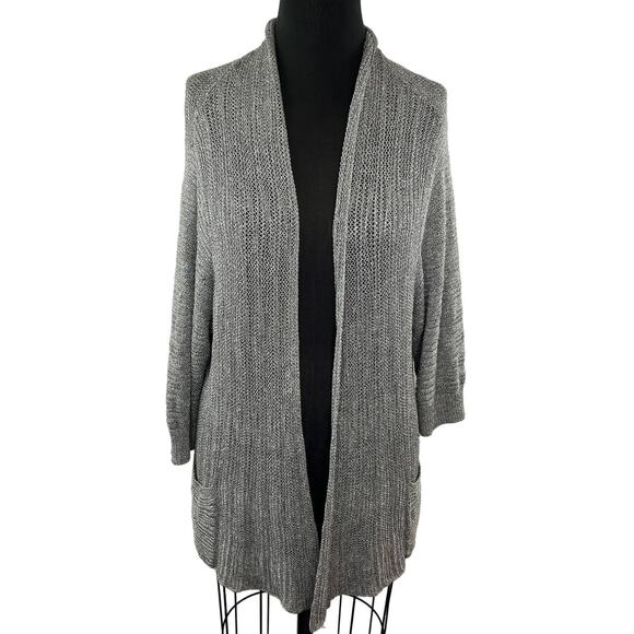 Eileen Fisher Gray Silver Open-Knit Midi Long Sleeve Pocket Cardigan Plus 1X - Picture 1 of 7